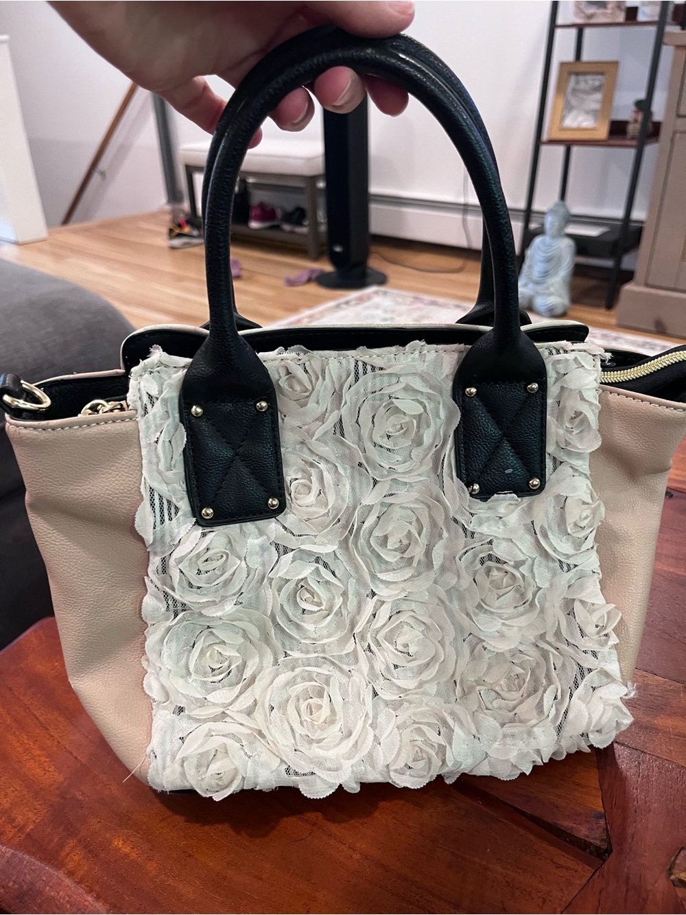 Betsey Johnson Cream Rose Appliqué Satchel with Black Handles